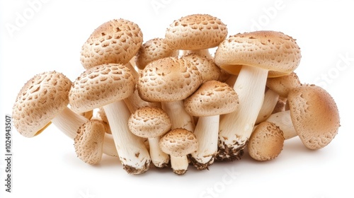 A bundle of brown Shimeji mushrooms, isolated on a white background, emphasizing their organic texture and culinary appeal