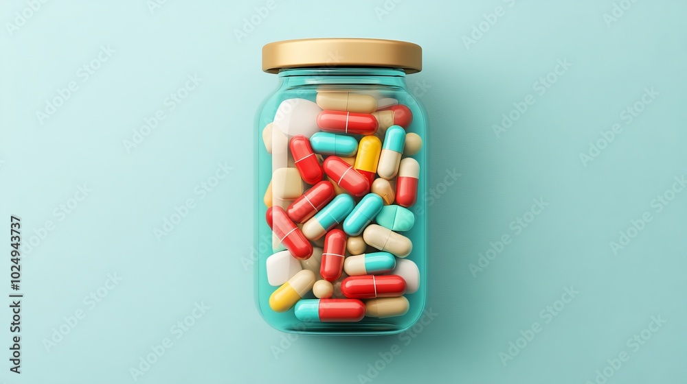 A glass jar filled with colorful pills on a light blue background.