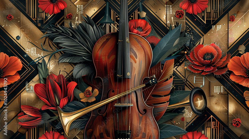 Obraz premium A luxurious flyer showcasing shimmering beadwork from 1920s dresses and elegant feathered headbands. Jazz instruments and musical notes are subtly integrated into a bold art deco geometric background.