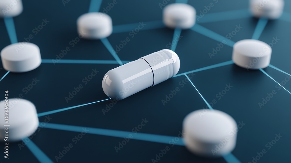 A single white pill sits in the center of a network of interconnected pills, symbolizing the interconnectedness of healthcare and pharmaceutical industries. A single white pill sits in the center of a network of interconnected pills, symbolizing the interconnectedness of healthcare and pharmaceutical industries.