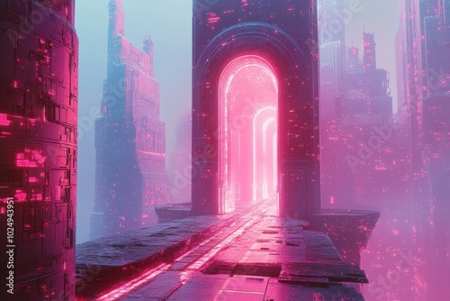 Futuristic City Exploration with Abstract Geometry and Floating Structures

