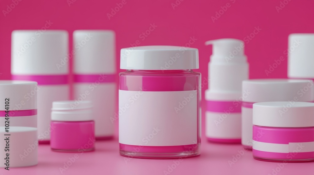 Various sizes of pink cosmetic jars and bottles with blank labels on a pink background. Various sizes of pink cosmetic jars and bottles with blank labels on a pink background.