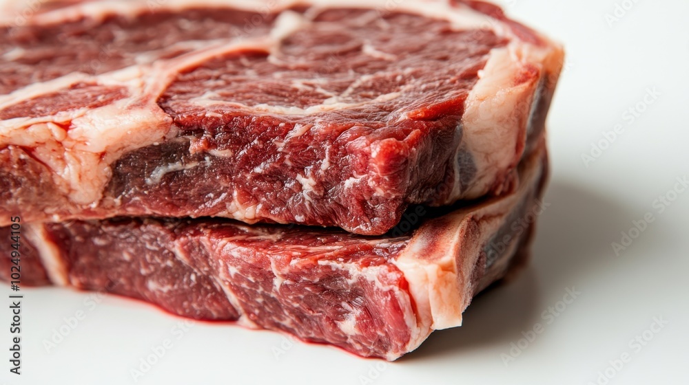 Fototapeta premium A close-up of two raw rib-eye steaks, one on top of the other, against a white backdrop, emphasizing their succulent texture and quality