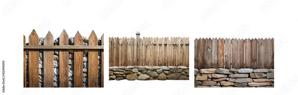 Three wooden fences with a stone base against a white background. Three wooden fences with a stone base against a white background.