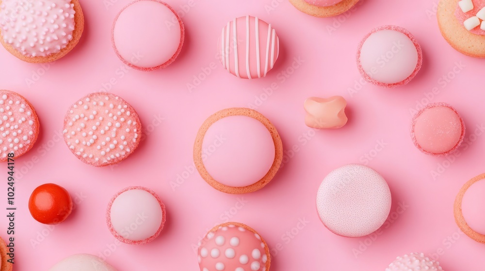 Assorted pink and white macarons and cookies on a pink background. Assorted pink and white macarons and cookies on a pink background.