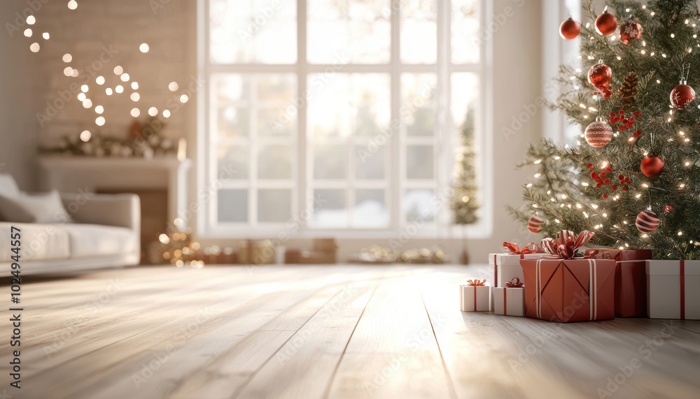 Cozy living room with Christmas tree and presents, warm light and festive decorations. Cozy living room with Christmas tree and presents, warm light and festive decorations.
