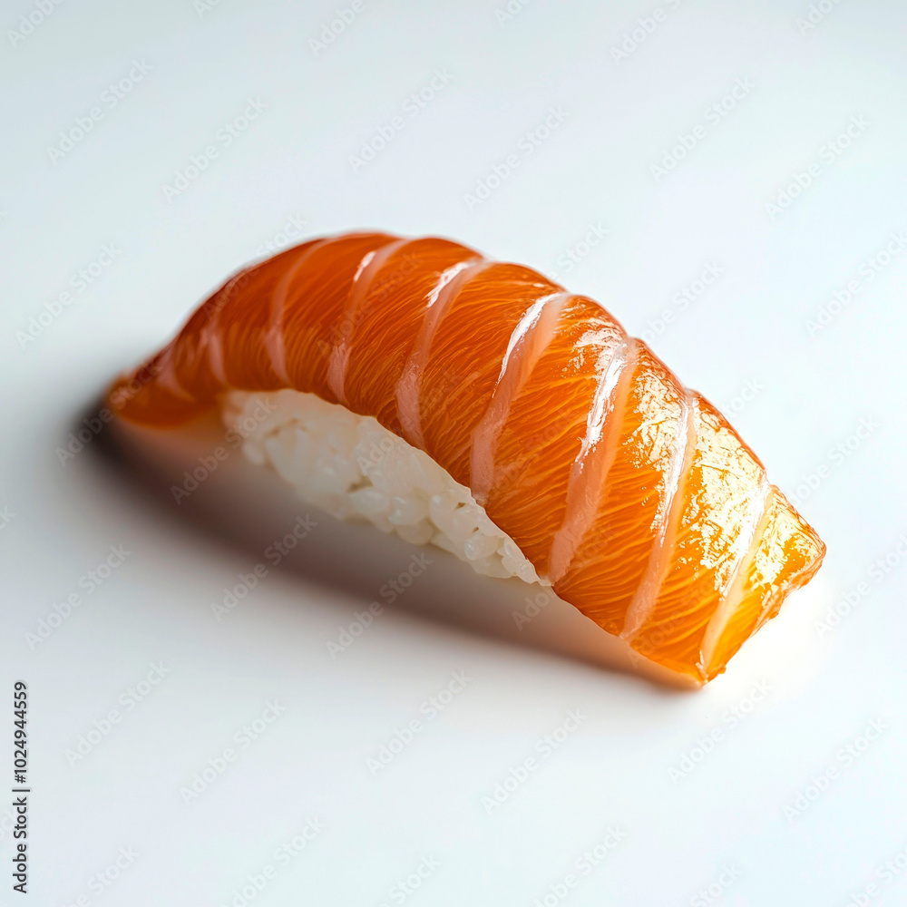 A piece of sushi featuring salmon atop a small mound of rice. A piece of sushi featuring salmon atop a small mound of rice.