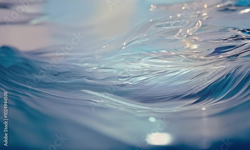 A close up view of a flowing liquid  the surface shimmering and reflecting light.