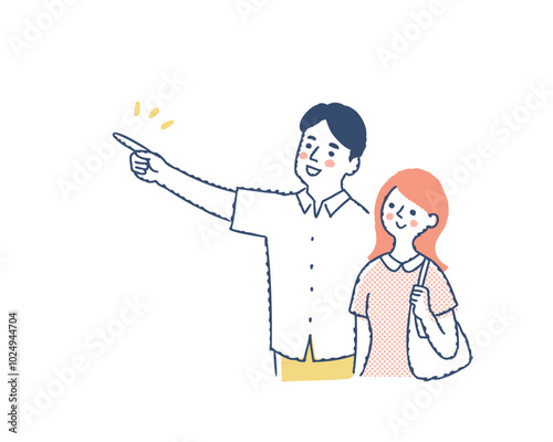 遠くを指さす男性とそちらを見ている女性