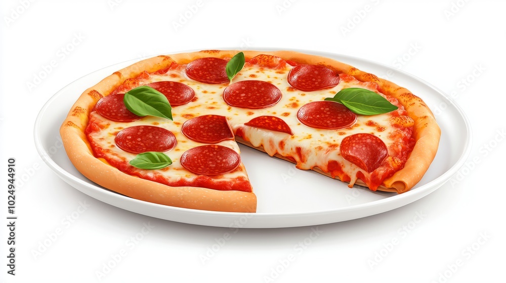 A delicious pepperoni pizza with a single slice missing, garnished with fresh basil leaves, on a white plate. A delicious pepperoni pizza with a single slice missing, garnished with fresh basil leaves, on a white plate.