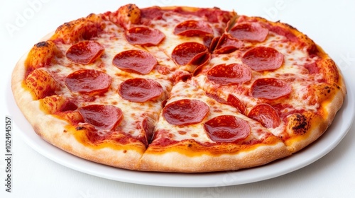 A whole pepperoni pizza on a white plate, cut into 8 slices.