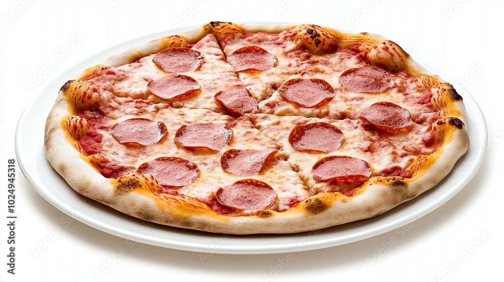 A whole pepperoni pizza on a white plate, cut into six slices, isolated on a white background. A whole pepperoni pizza on a white plate, cut into six slices, isolated on a white background.
