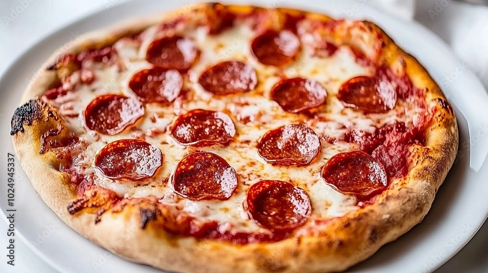 A close-up of a delicious pepperoni pizza on a white plate. A close-up of a delicious pepperoni pizza on a white plate.