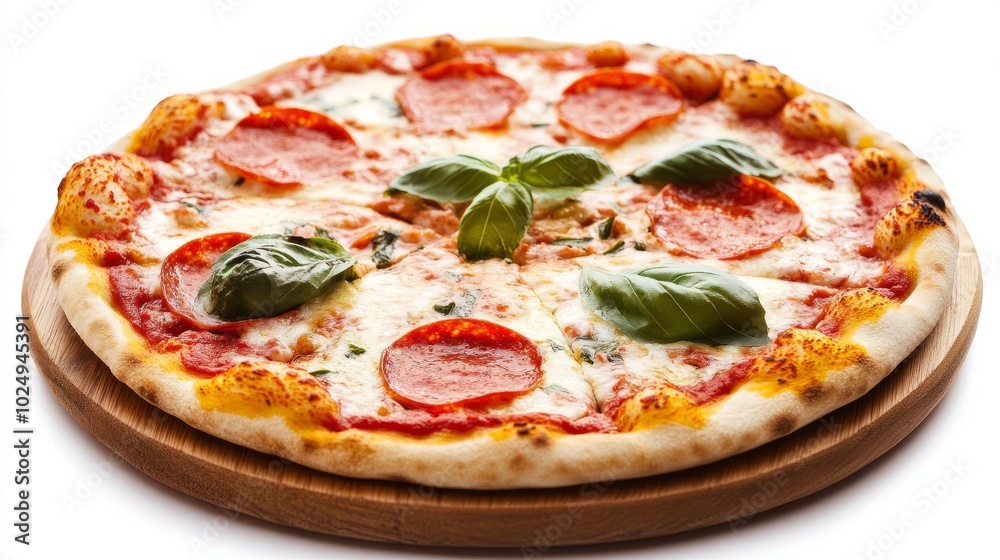 Delicious pepperoni pizza with mozzarella cheese and basil on a wooden board. Delicious pepperoni pizza with mozzarella cheese and basil on a wooden board.