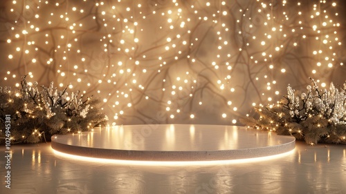 There is a round podium decorated with Christmas lights in the background