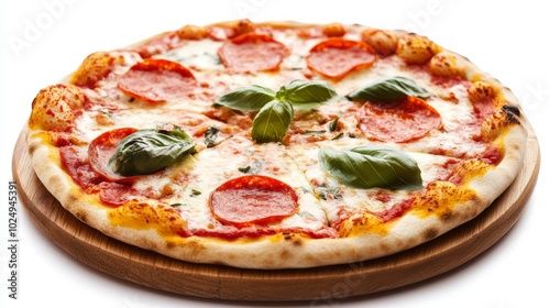 Delicious pepperoni pizza with mozzarella cheese and basil on a wooden board.