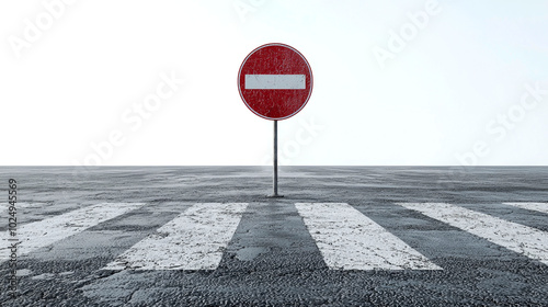 A red no entry sign stands in the middle of a crosswalk on a gray concrete road. photo