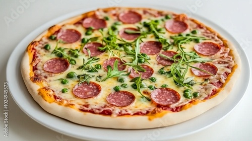 A delicious pepperoni pizza with peas and arugula on a white plate.