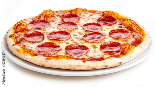 A fresh and delicious pepperoni pizza on a white plate with a white background.