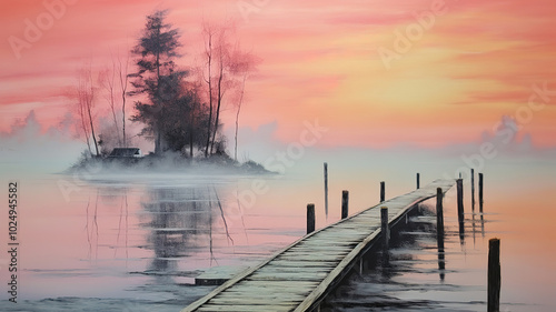 Wallpaper Mural Peaceful Sunrise Scene Wooden Pier and Fog Blanketing the Calm Lake Torontodigital.ca