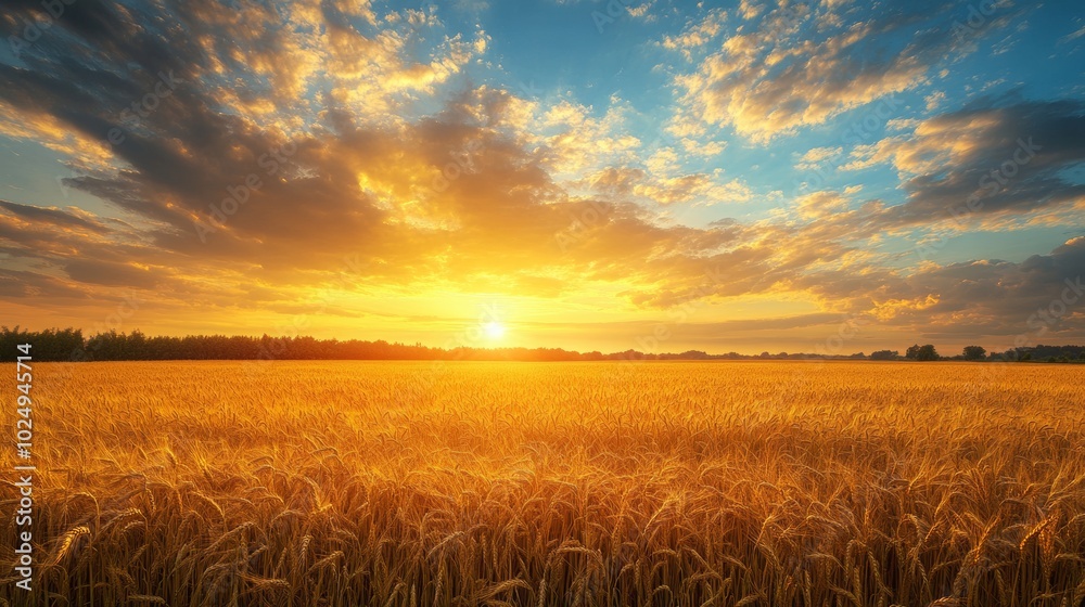 Golden Wheat Field at Sunset, expansive golden grains swaying gently, illuminated by the warm hues of a late summer evening sky Golden Wheat Field at Sunset, expansive golden grains swaying gently, illuminated by the warm hues of a late summer evening sky