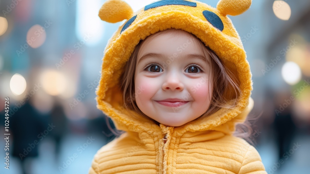 Smiling child in yellow hooded jacket Smiling child in yellow hooded jacket