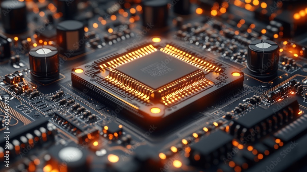 Close-up of a circuit board with a central processing unit. Close-up of a circuit board with a central processing unit.