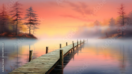 Serene Sunrise Wooden Pier Emerging from Fog on a Tranquil Lake