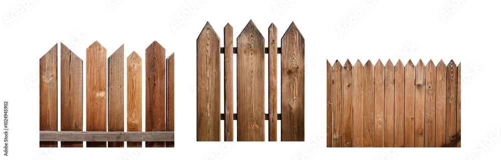 Three sections of a brown wooden fence, with pointed tops, against a white background. Three sections of a brown wooden fence, with pointed tops, against a white background.