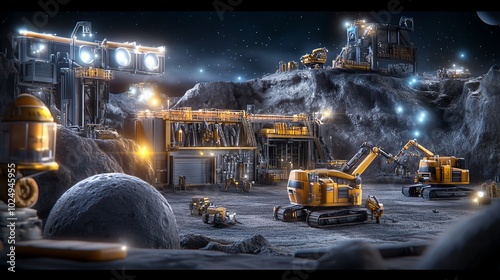 Futuristic lunar base with advanced machinery and construction equipment operating under starry night sky, highlighting space exploration. photo