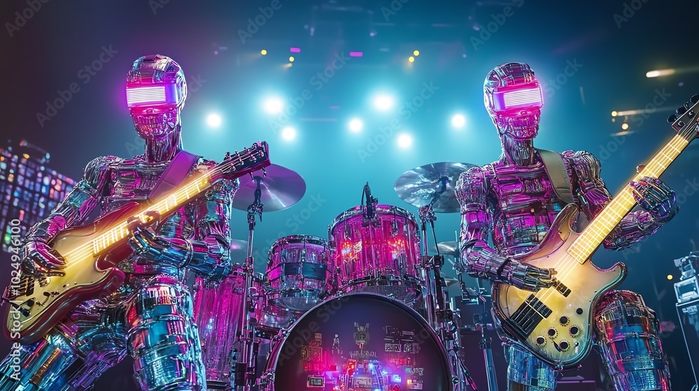 Obraz premium Futuristic neon robots performing an electrifying concert on stage with guitars and drums under vibrant lights.