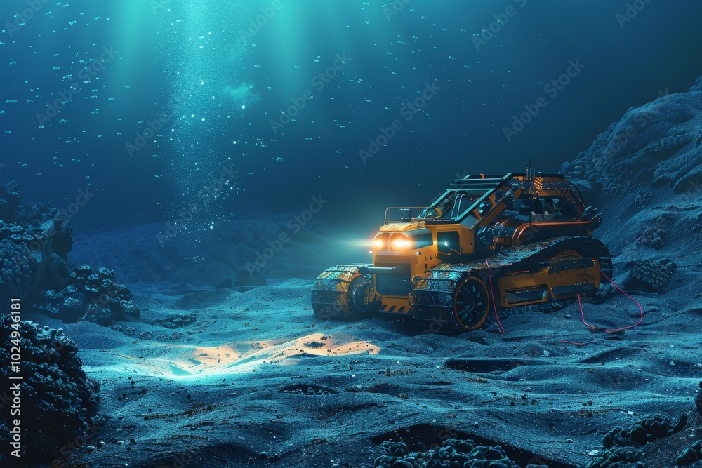 An underwater crawler vehicle drills into the ocean floor, surrounded by dead fish and destroyed corals. This image highlightes the environmental impact of deep-sea mining. An underwater crawler vehicle drills into the ocean floor, surrounded by dead fish and destroyed corals. This image highlightes the environmental impact of deep-sea mining.