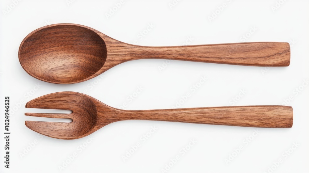 A wooden spoon and fork, laid out on a white background, with the fork in the foreground. A wooden spoon and fork, laid out on a white background, with the fork in the foreground.