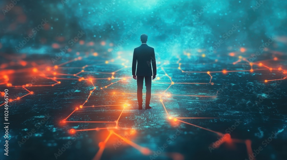 Silhouette of a Person Walking on a Futuristic Digital Landscape Silhouette of a Person Walking on a Futuristic Digital Landscape