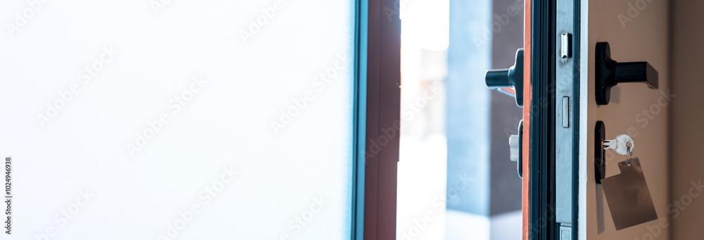 hotel room door half open, orange and yellow design, service industry concept hotel room door half open, orange and yellow design, service industry concept