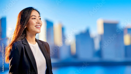 A side profile of an Asian businesswoman smiling under the dazzling lights of the city.
