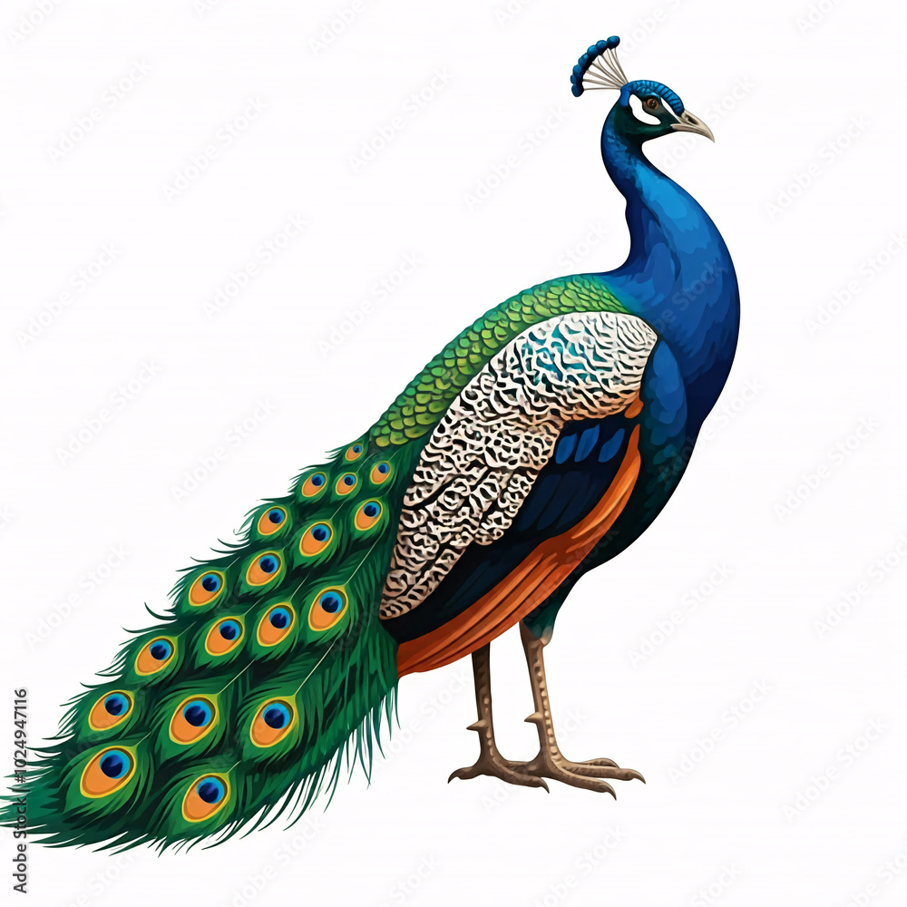 Obraz premium beautiful peacock illustration with blue and green feathers on white background