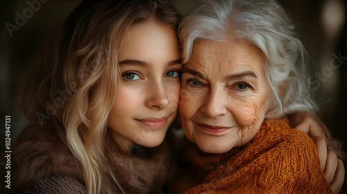 A young woman and an elderly lady share a warm, intimate moment.