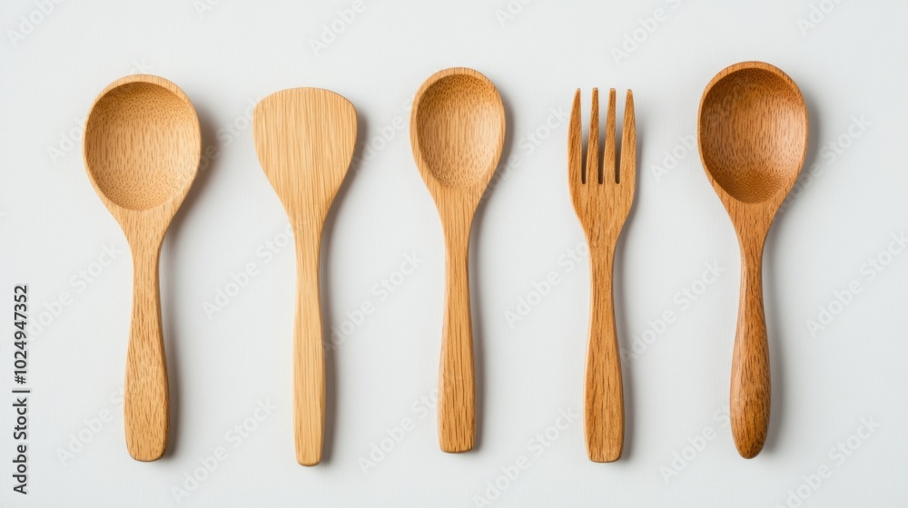 Five wooden kitchen utensils on a white background, including two spoons, a spatula, a fork, and a ladle. Five wooden kitchen utensils on a white background, including two spoons, a spatula, a fork, and a ladle.