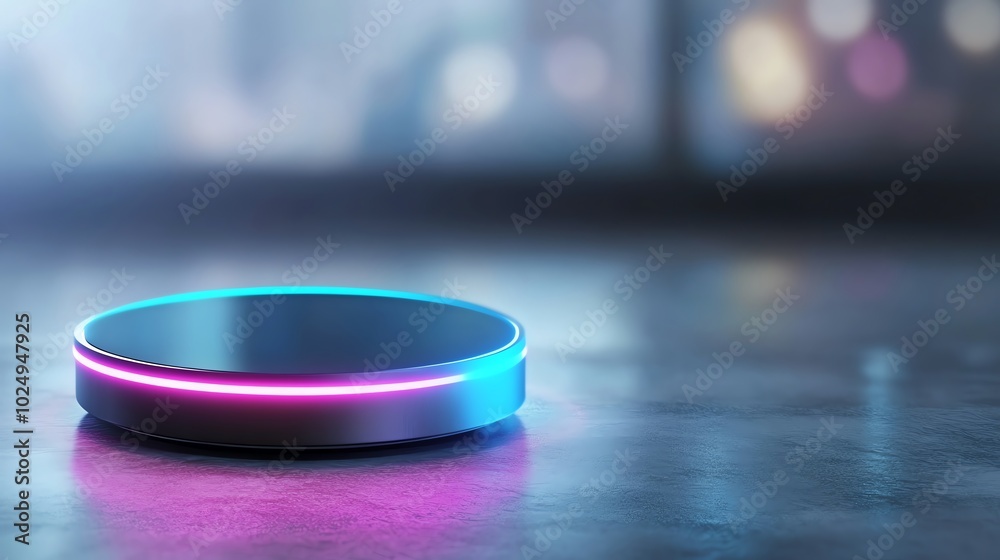 Futuristic round platform with neon lights on a blurry background, reflecting modern technology and innovation in a vibrant setting. Futuristic round platform with neon lights on a blurry background, reflecting modern technology and innovation in a vibrant setting.
