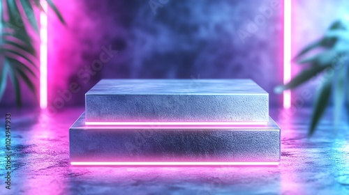 Futuristic podium with neon lights in a misty environment, perfect for showcasing modern products or designs. photo