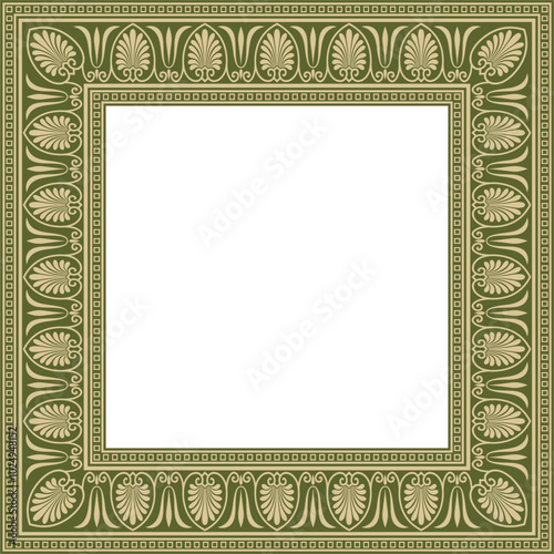 Vector golden and green square classic greek ornament. European ornament. Border, frame Ancient Greece, Roman Empire