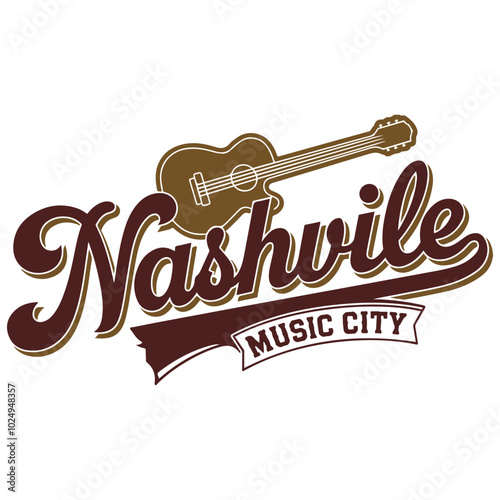 Nashville Music City Logo with Guitar Illustration