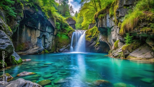 Silhouette blue green waterfall and river cutting through rocks