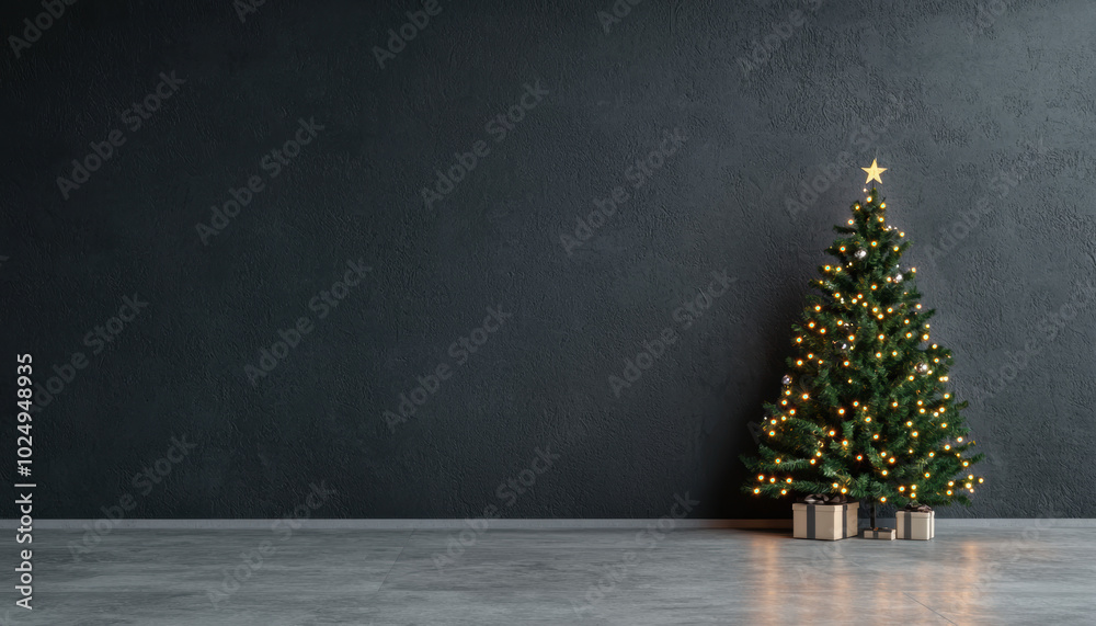 Fototapeta premium Decorated Christmas tree with gifts on a modern backdrop