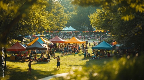 Fototapeta Naklejka Na Ścianę i Meble -  Summer Festival in a Vibrant Park, families gathered under colorful tents, laughter and joy fill the air, greenery surrounds the festivities.