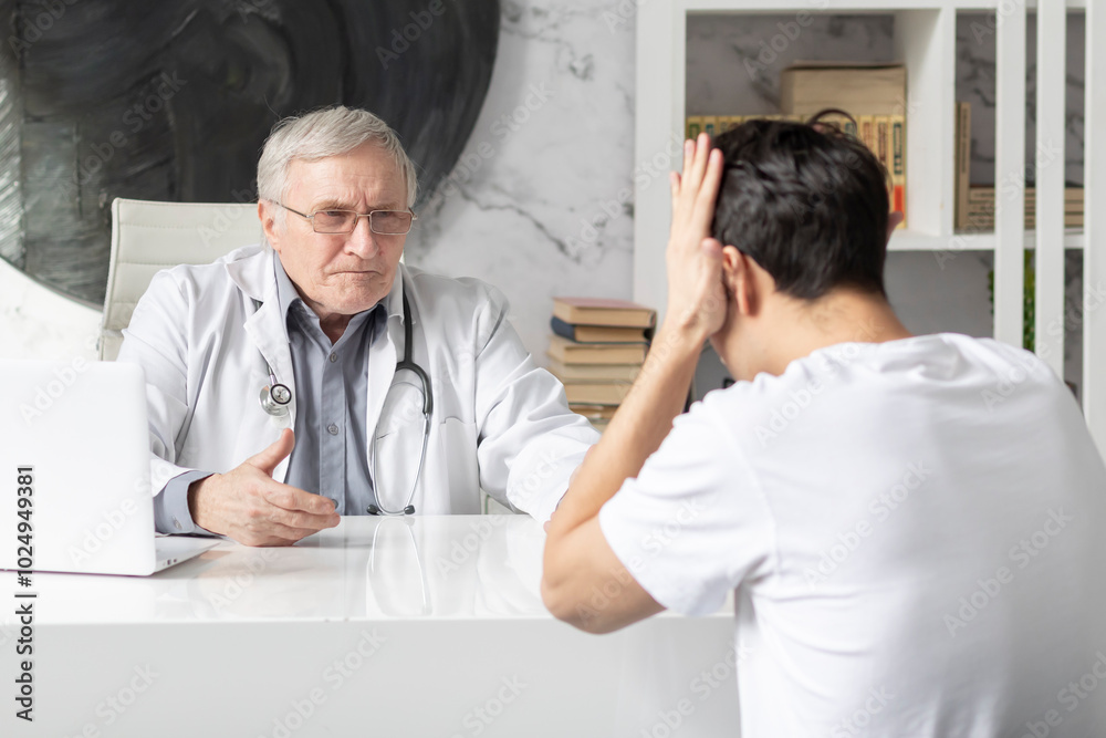 Fototapeta premium Young man visiting Senior male doctor in modern clinic 