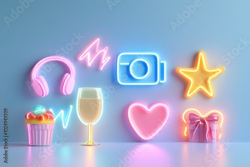 Vibrant neon icons and symbols for social media, entertainment, and celebration