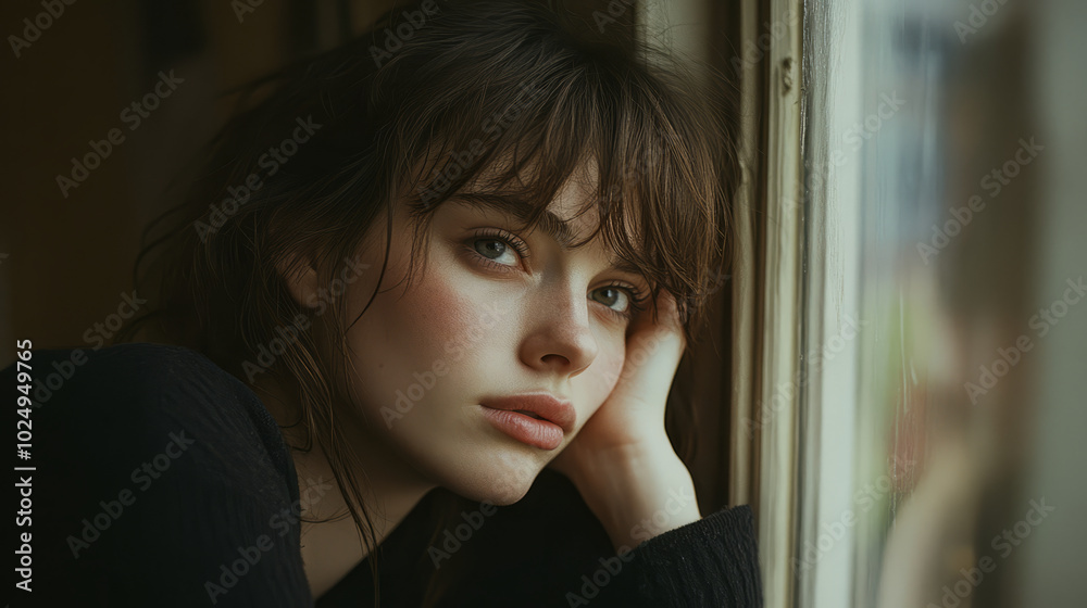 A close-up portrait of a young woman with tousled hair, resting her head on her hands with a weary expression, as she gazes out the window, the room dimly lit, conveying a sense of exhaustion A close-up portrait of a young woman with tousled hair, resting her head on her hands with a weary expression, as she gazes out the window, the room dimly lit, conveying a sense of exhaustion