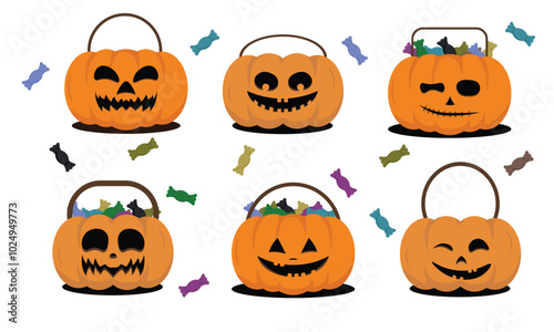 Halloween pumpkin jack o' lantern buckets. Trick or treat bags filled with sweets, pumpkin bucket with candies and candy hunt pack cartoon vector Illustration set of Halloween candy bag basket